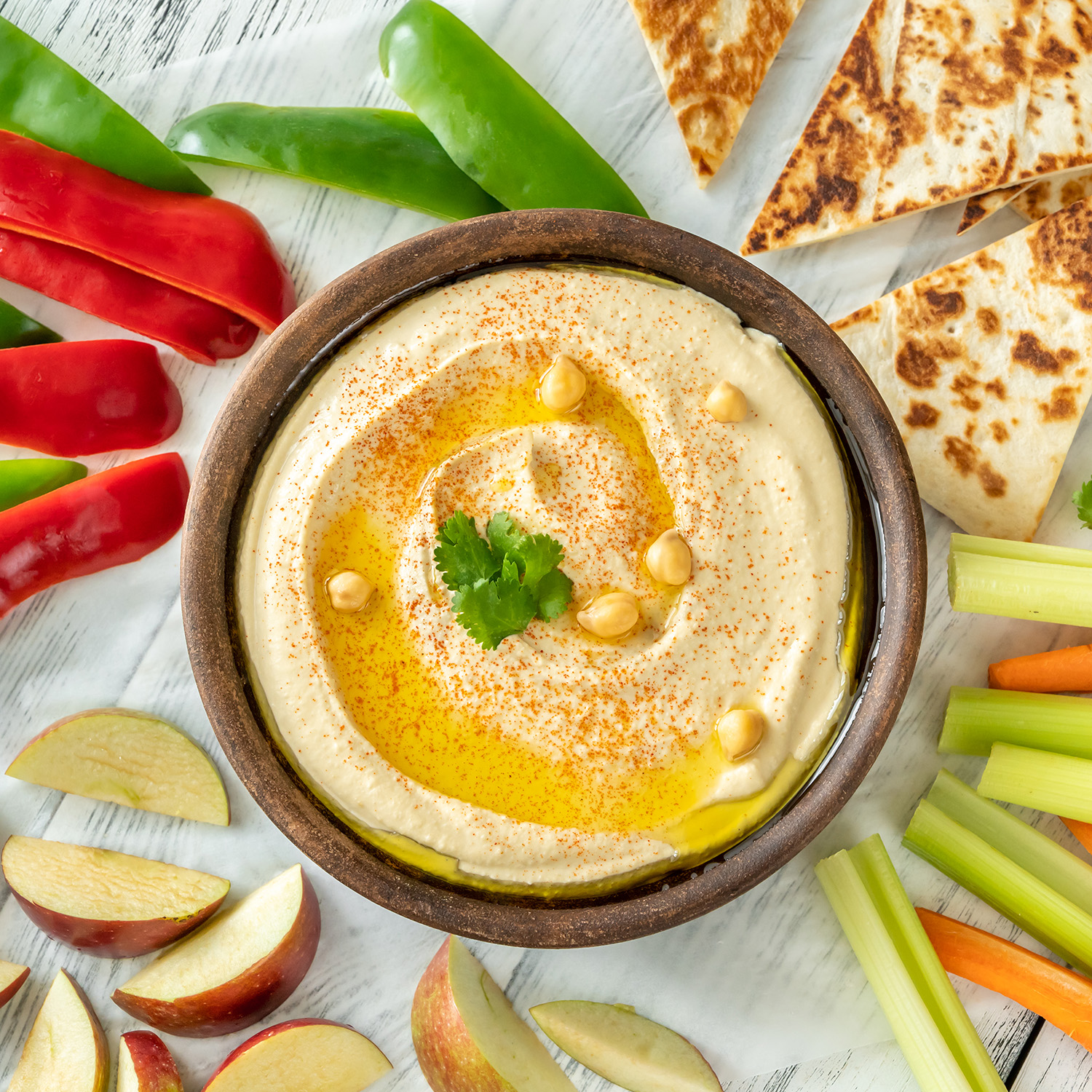 Hummus With Vegetables, Fruit, and Bread Hummus With Vegetables, Fruit, and Bread