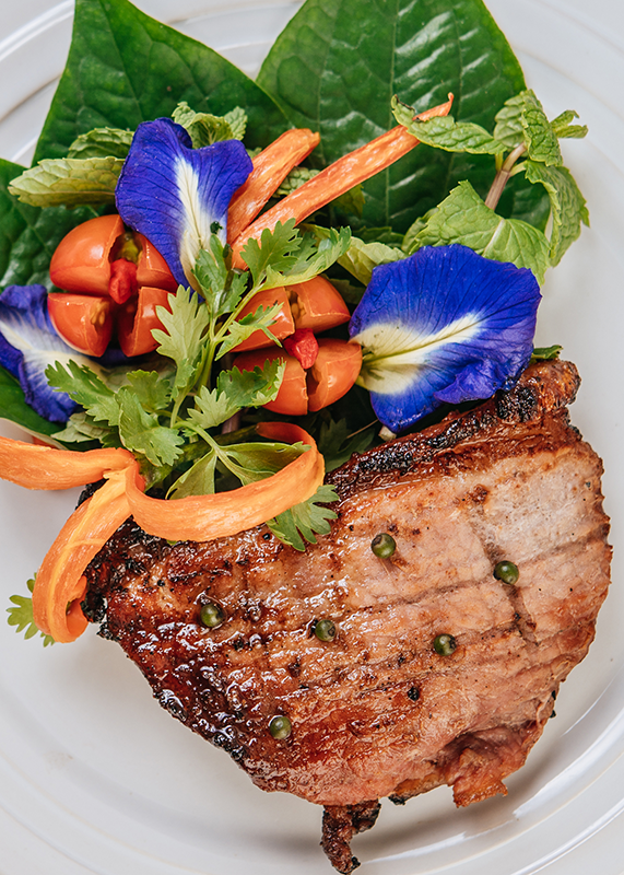 Pork steak with salad butterfly pea flowers Pork Roast