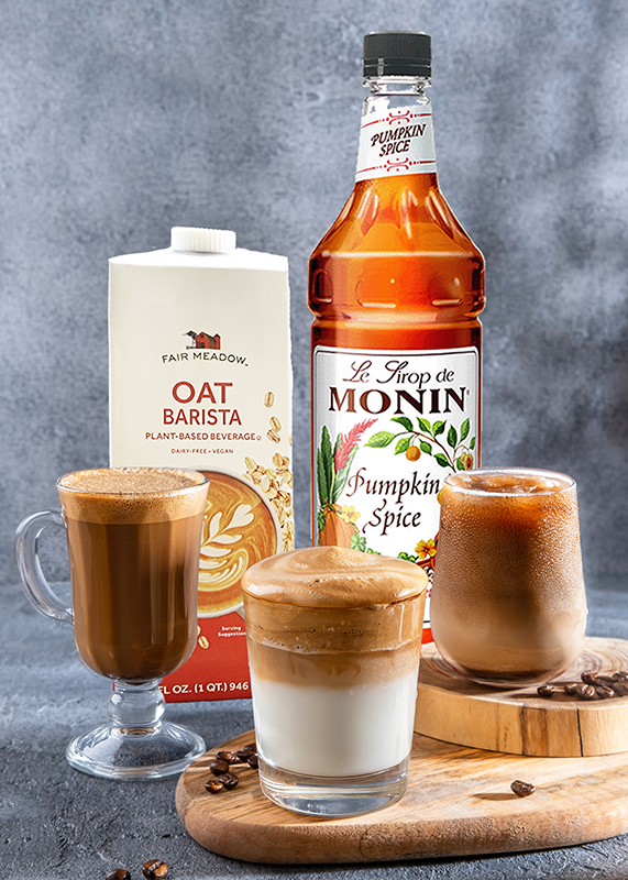 fair meadow oat milk monin pumpkin spice coffees witht milk lalala